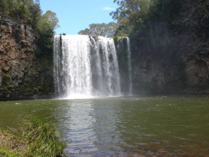Dangar Falls and the drifting mist as seen from the base of the falls.